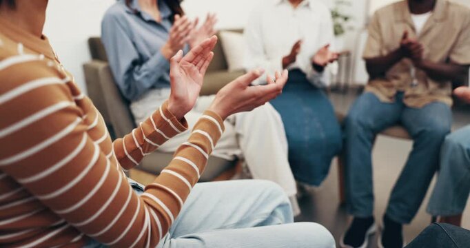 People, therapy and hands with applause in support group for meeting, winning or community. Social counseling, huddle or clapping in circle of trust for achievement or team building session together
