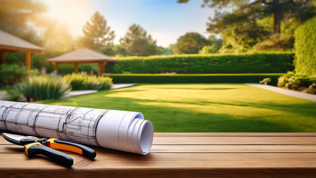 Landscape garden design blueprints with shears and blurred patio background banner.