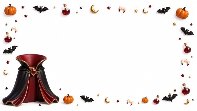 A festive halloween border design featuring cute pumpkins bats moons and a vampire cape isolated on a white background for your holiday party invitations