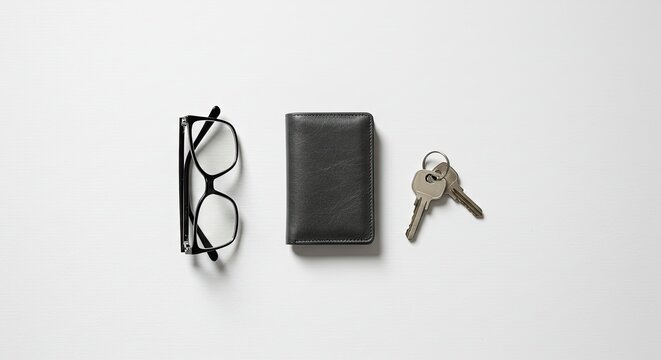 Minimalist flat lay of black wallet with keys and eyeglasses on light neutral background