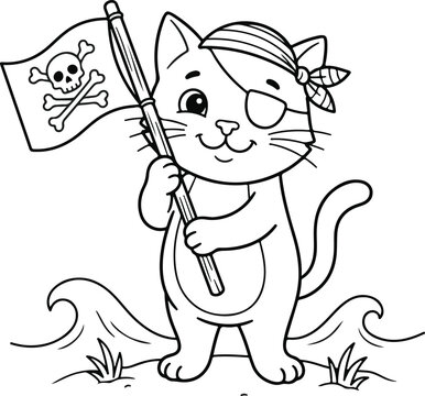 Cute cartoon pirate kitten with an eye patch and bandana holding a skull flag, standing on a beach, coloring page for kids