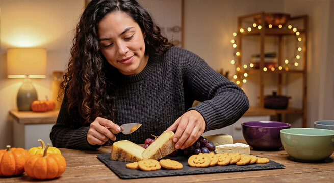 Young Latina woman slicing hard cheese on slate board for Halloween party charcuterie board at wooden table. Cozy autumn snack preparation with pumpkin shaped crackers, grapes and warm string lights