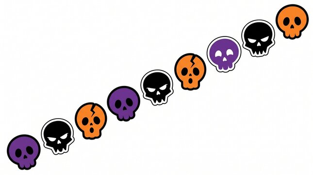 Vibrant Halloween skull collection featuring various spooky facial expressions arranged in a decorative diagonal pattern showcasing bright orange purple and black colors on white background