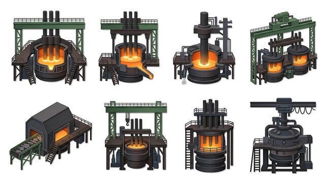 Set of industrial furnace icons representing steel production and heavy industry perfect for manufacturing concepts and engineering illustrations
