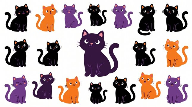 Cute collection of multiple colorful cartoon cats featuring orange black and purple feline characters arranged in a festive pattern isolated on a clear solid on white background.