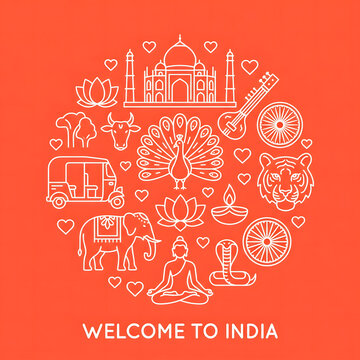 Welcome to India travel concept with traditional cultural icons and landmarks illustration.