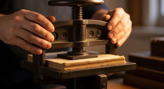 Leather worker pressing book binding with antique press machine; artisanal craftsmanship close-up; traditional bookbinding hobby concept, handmade craft detail, leather material texture