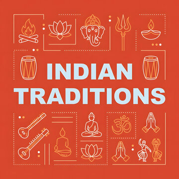 Indian traditions concept with cultural icons and symbols on red background