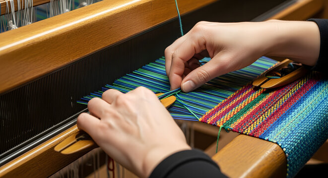 Close-up hands weaving colorful textile on wooden loom, artisan crafting vibrant fabric with traditional shuttle, handmade artisanal textile creation process