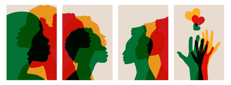 Black History Month poster, banner, social media post. African American silhouette men and women in profiles, raised hands in Pan African colors. Juneteenth heritage, freedom, equality vector design