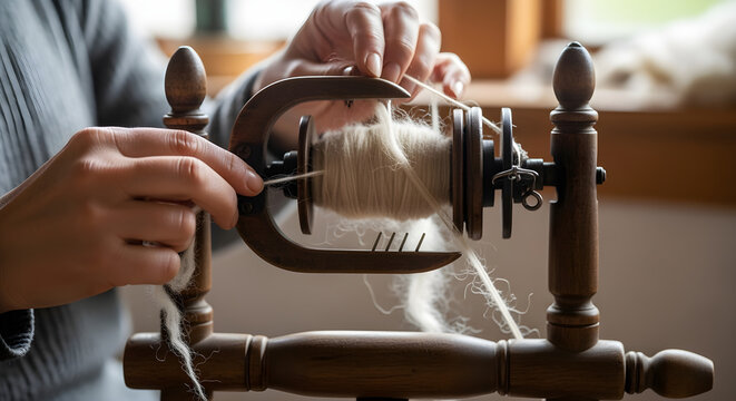 Vintage spinning wheel winding thread. Hands spinning white yarn on rustic wooden spindle. Traditional textile craft process. Spooling manual fiber arts hobby.