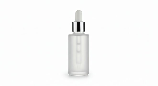Minimalist clear glass dropper bottle with transparent liquid against white background
