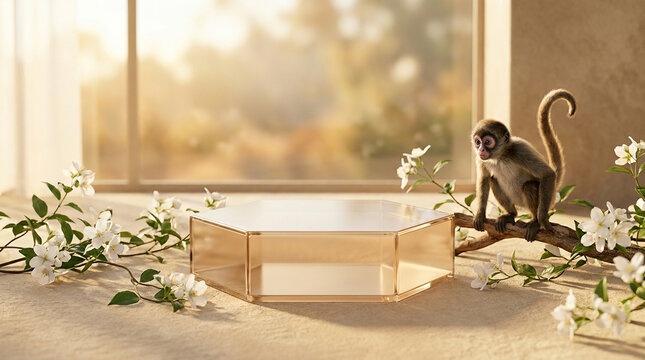 Beautiful wide environmental view photography of a Warm Beige clear acrylic hexagon podium surrounded by a spider monkey and delicate white jasmine flowers. 