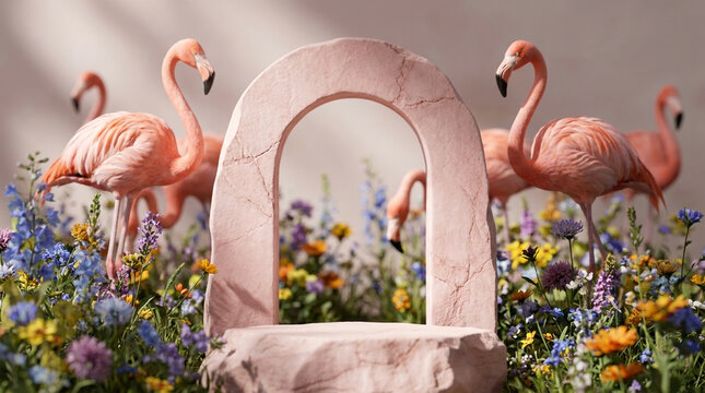 Beautiful front eye-level view photography of a Soft Pastel Pink natural stone elegant arch podium surrounded by elegant pink flamingos and vibrant multicolored wildflowers. 