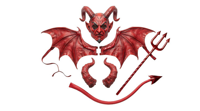 Devil costume set including a red mask with horns, bat wings, a trident, extra horns, and a tail, isolated on transparent background