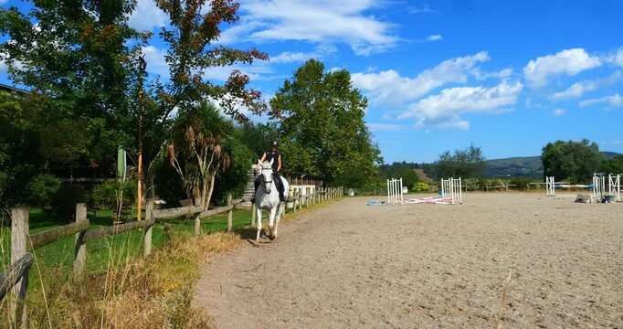 Beautiful young female rider tgalopping on her horse in slow motion