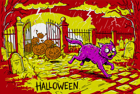 A thrilling Halloween chase as magical pumpkins open the cemetery gate behind the cat.