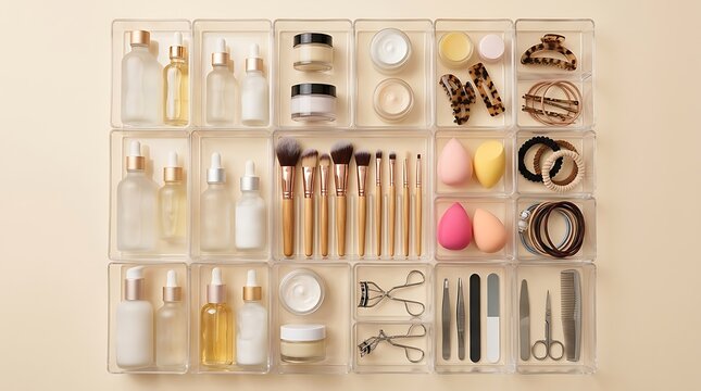 Flat lay collection of various beauty and makeup products with hair accessories and tools. beauty haul organizer