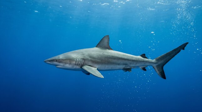 Large shark swimming in deep blue ocean water with rising air bubbles