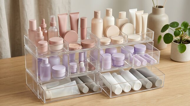 Clear acrylic makeup organizer with various beauty products on a wooden desk. beauty haul organizer