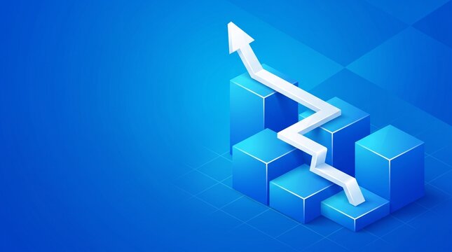 White upward arrow rises across blue isometric bar chart blocks, symbolizing financial growth business strategy and success