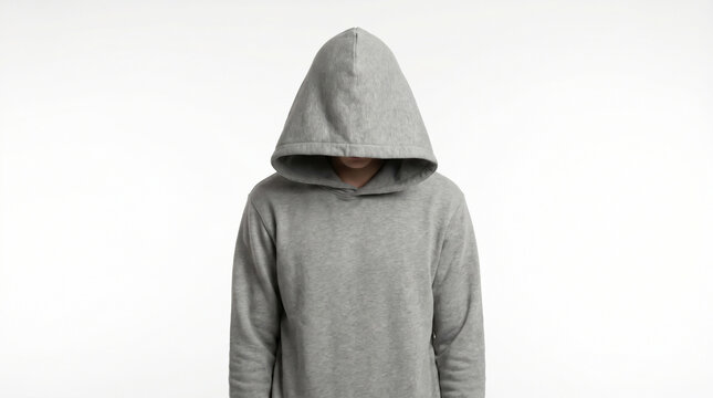 Person Wearing Grey Hoodie with Face Hidden by Hood on White Background