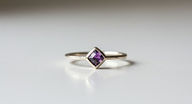 Minimalist gold ring with deep purple diamond solitaire set against clean white background
