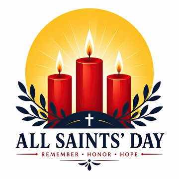 All Saints Day celebration emblem with red candles and religious cross