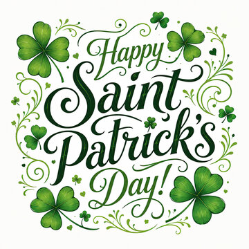 Happy Saint Patricks Day lettering with green clover leaves decoration