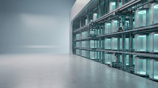 Futuristic Automated Cryogenic Storage Facility with Robotic Crane Stacking Glowing Pods 3D Render
