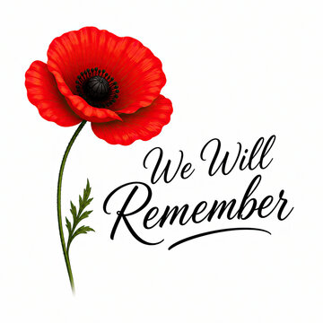 Red poppy flower with We Will Remember text for Remembrance Day