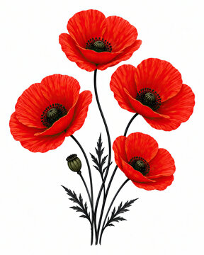 Beautiful red poppy flowers bouquet isolated on white background