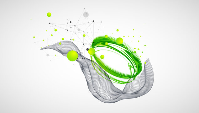 Abstract background with fluid green shapes, wireframe 3D grid wave, topographic lines and plexus network