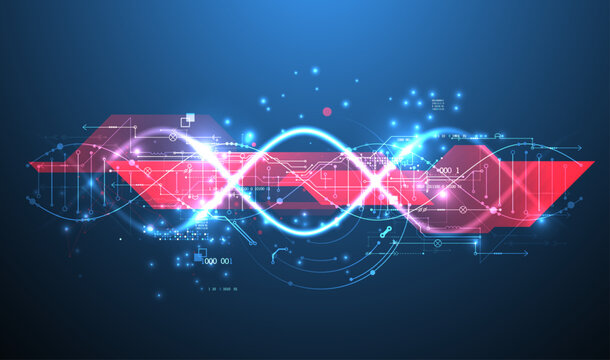 Futuristic digital DNA background with neon molecule structure. Vector
