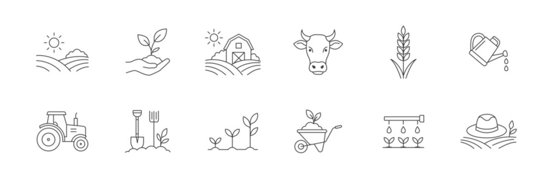 Agriculture and farming line icon collection on white background vector illustration