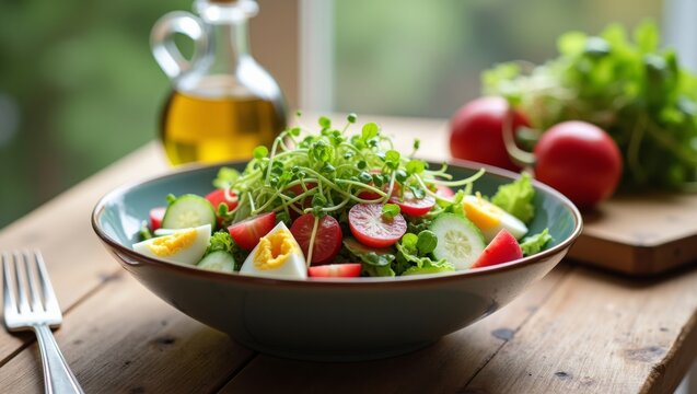 Fresh spring salad with radish, cucumber, eggs and microgreens in ceramic bowl on wooden table, olive oil bottle beside, healthy eating