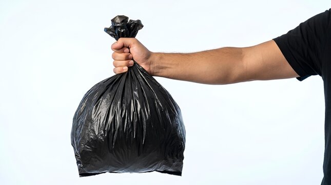 Man Hand Holding Full Black Plastic Garbage Bag on White Background, Waste Management Concept