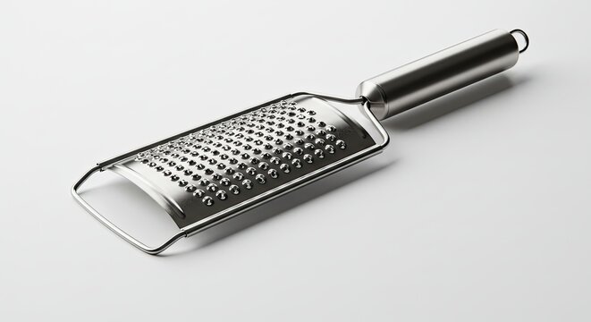 Modern stainless steel microplane grater on white background with natural lighting