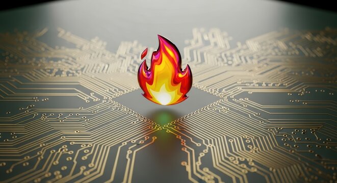 High performance 3D flame icon hovering over golden circuit board technology concept