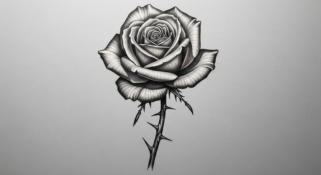Detailed black and white realistic rose tattoo sketch with thorny stem on textured background.