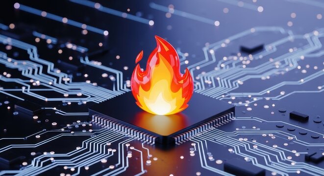 3D render of a glowing flame on a computer processor chip illustrating overheating and high-performance technology.