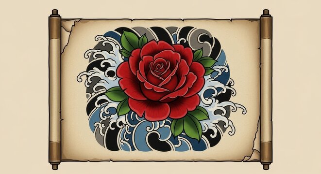 Japanese Irezumi style red rose tattoo design with blue waves on vintage paper scroll.