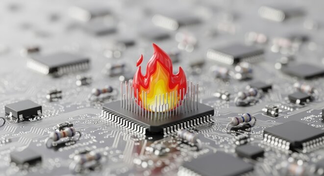 Overheating computer processor on a circuit board with stylized 3D fire flame representing heat and hardware failure.