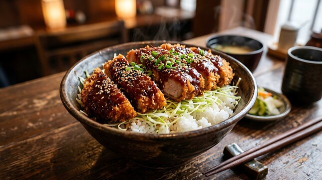 Crispy fried pork cutlet katsu bowl with fresh cabbage and sauce on a wooden table in a restaurant. Nagoya rice bowl