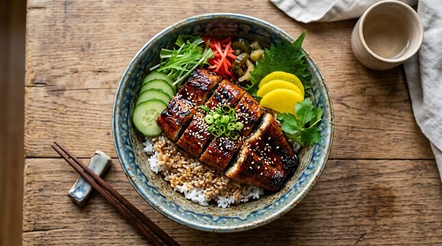Grilled eel unagi don bowl with rice and fresh vegetables on a rustic wooden table top view. Nagoya rice bowl