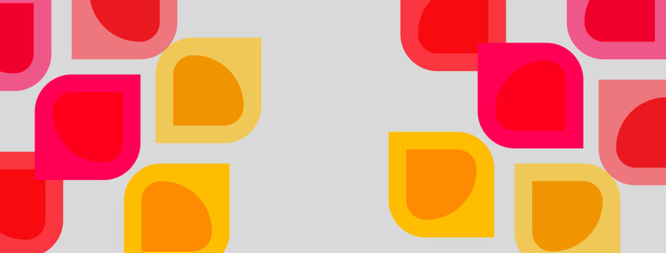 Geometric pattern features overlapping squares, rectangles, circles. Colors include red, orange, pink, gray. Simple, modern design.