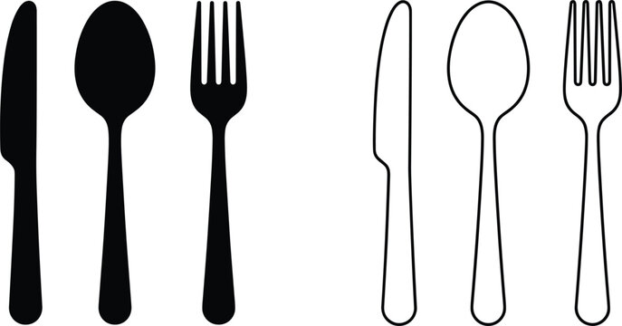 Silverware cutlery icon set containing knife spoon and fork in solid black silhouette and linear outline vector