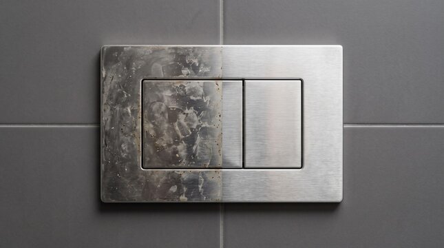 Dirty and Clean Toilet Flush Push Plate Comparison on Tile Wall