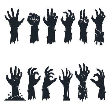 Set of scary zombie hands silhouettes for Halloween horror design elements