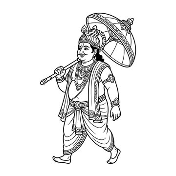 Vamana Avatar illustration of Hindu deity holding umbrella in traditional line art style.